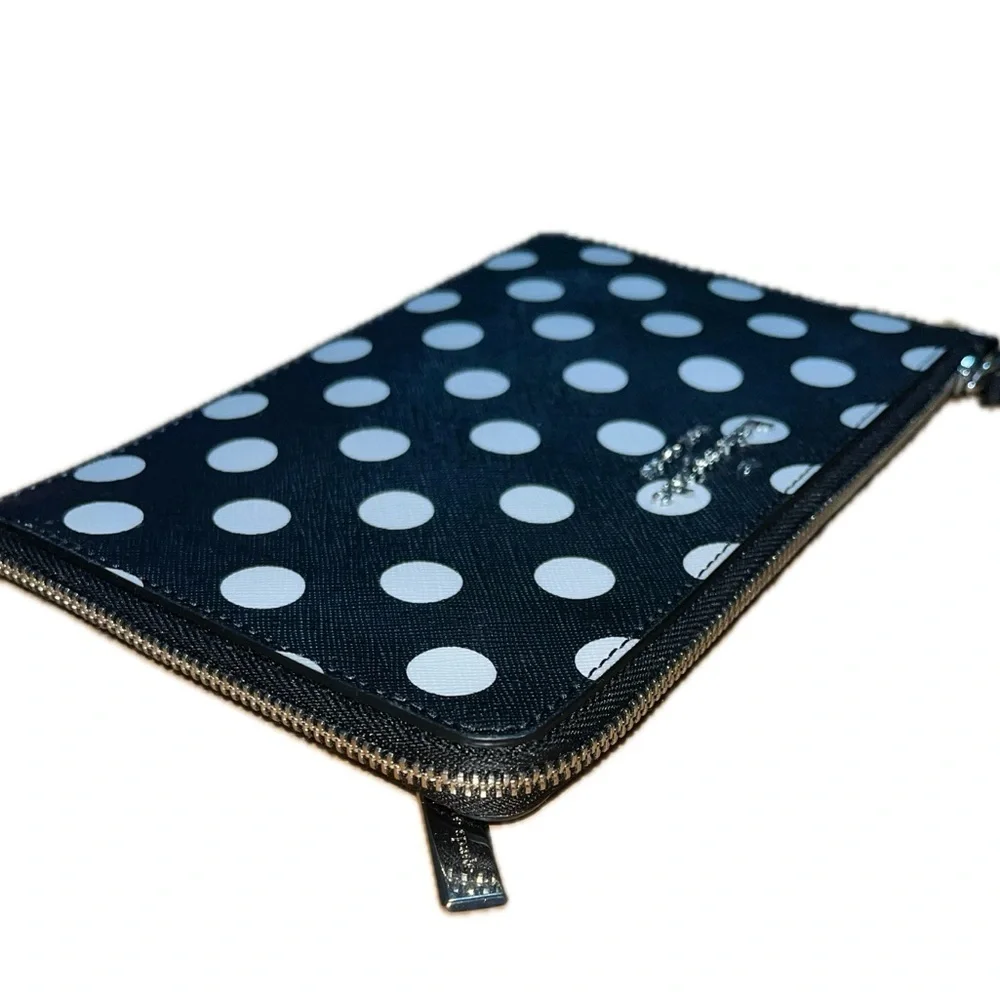 Kate Spade New York Medium L-Zip Wristlet Saffiano Leather Polka Dot Black, NWOT